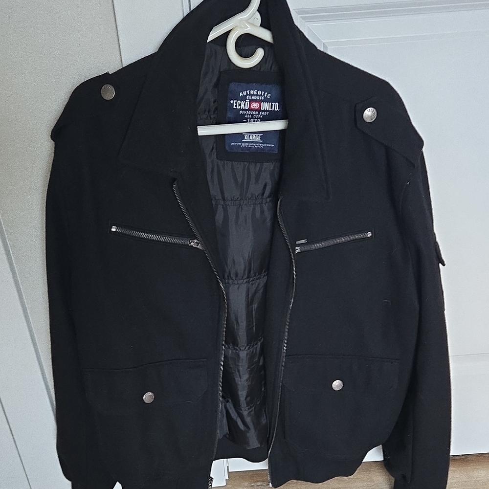 Ecko Unlimited Men’s Black Pea Coat with Zip Detailing